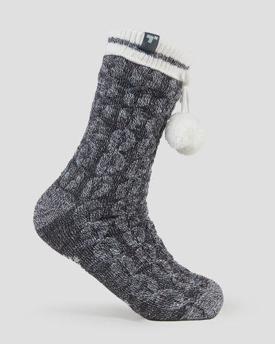 Adults' Sherpa Lined Slipper Socks | Color: Charcoal Cable