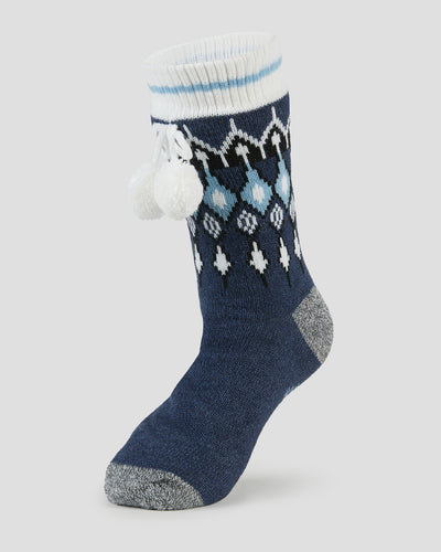 Adults' Sherpa Lined Slipper Socks | Color: Navy Fairisle