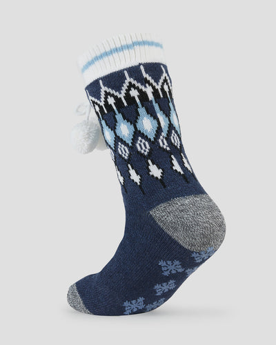 Adults' Sherpa Lined Slipper Socks | Color: Navy Fairisle